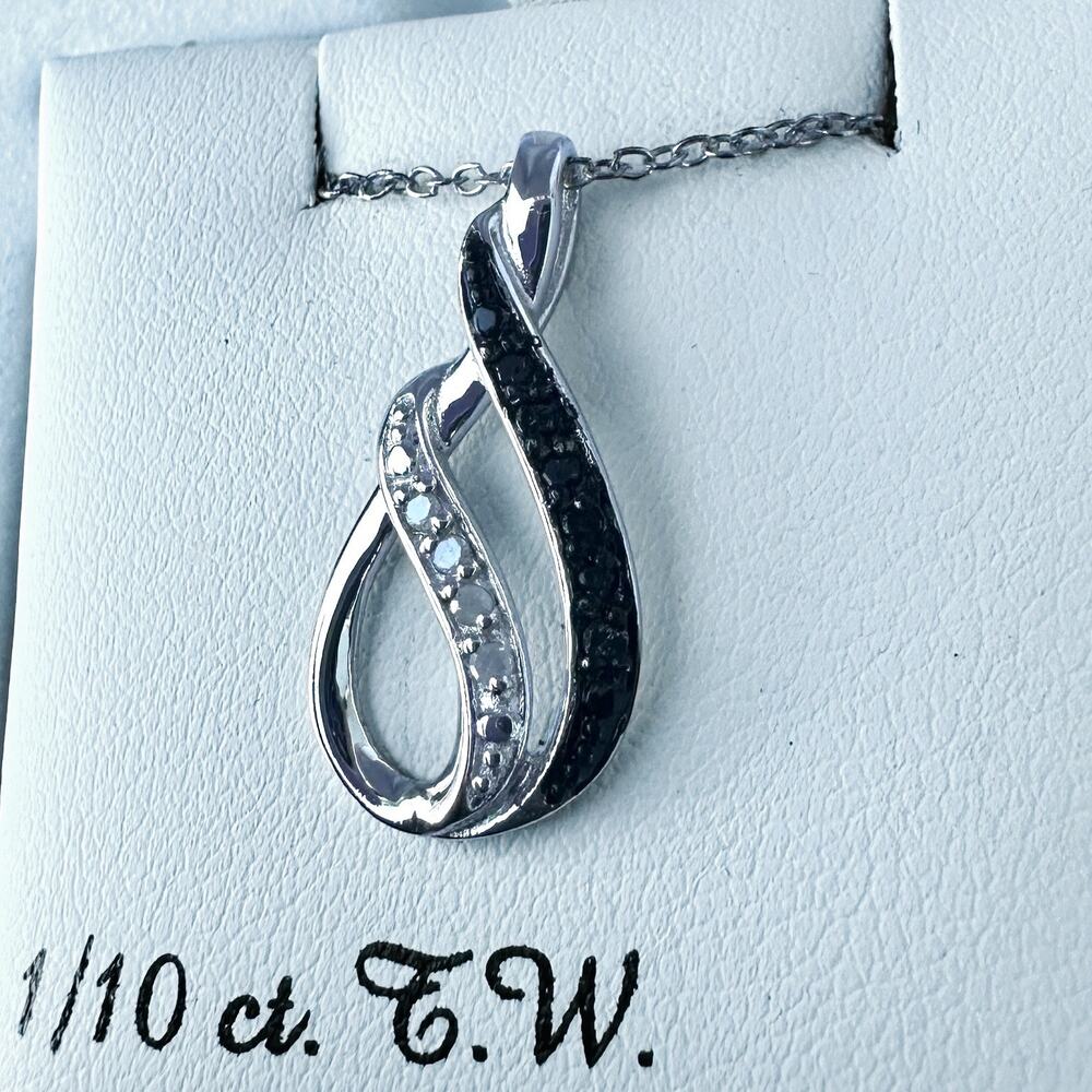 Sterling Silver 1/10 Ctw Diamonds Black and White Pendant Necklace Teardrop 925